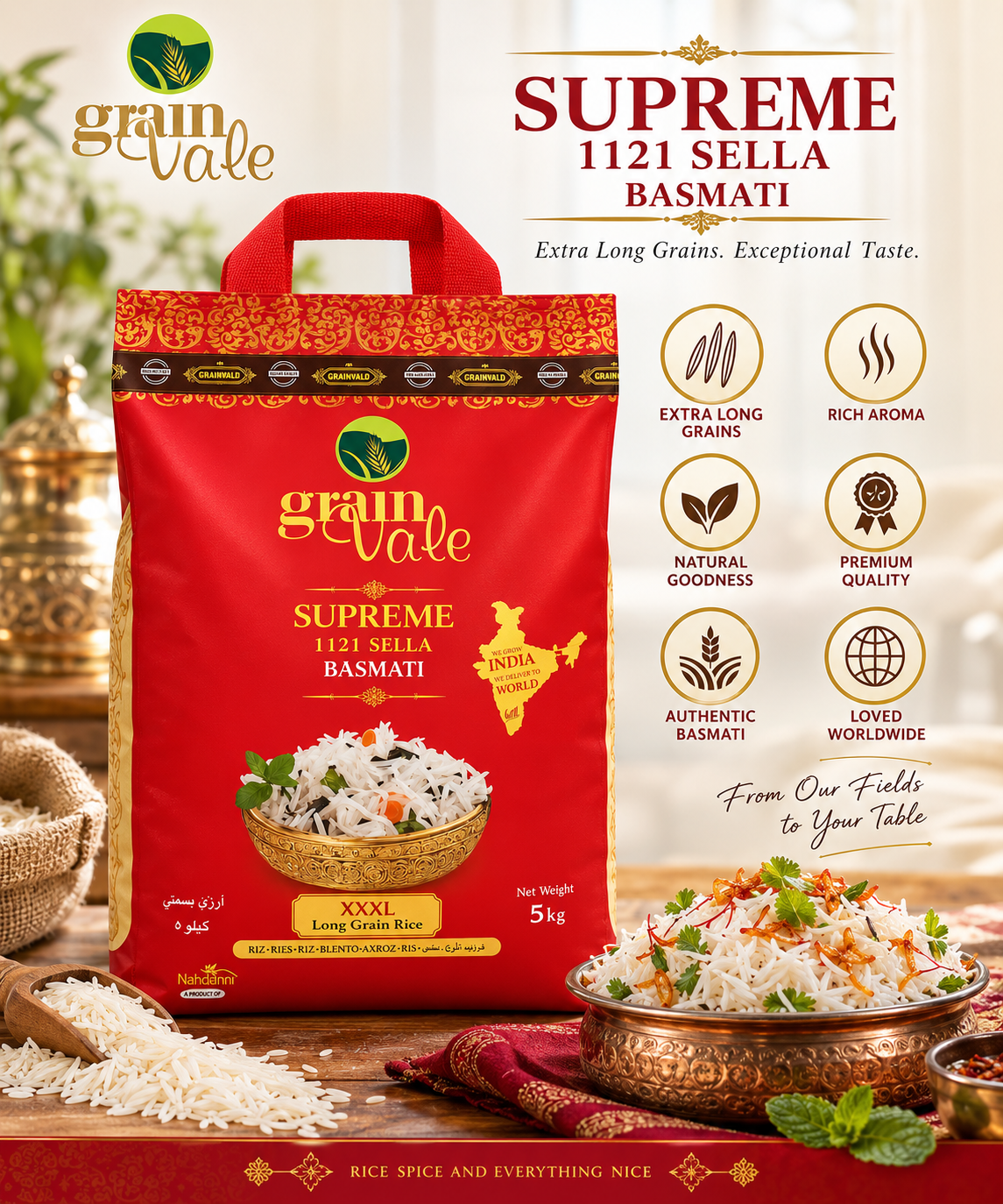 Grainvale Supreme 1121 Sella Basmati Rice – XXXL Long Grain, Premium Indian Basmati Rice